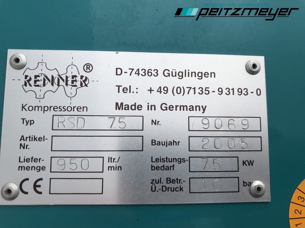 Gaisa kompresors Renner Kompressor RSD 7.5 10 bar / 950 L pro Min. / 7,5 KW: foto 14