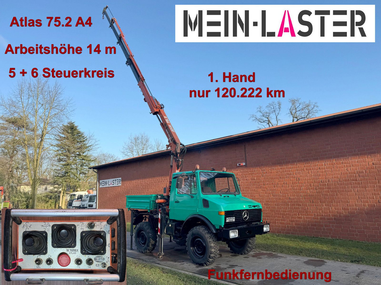 Unimog U 1200 Atlas 75.2 Kran 14 m Funk FB *1. Hand - Kravas auto ar manipulatoru, Kravas automašīna pašizgāzējs: foto 1 Unimog U 1200 Atlas 75.2 Kran 14 m Funk FB *1. Hand - Kravas auto ar manipulatoru, Kravas automašīna pašizgāzējs: foto 1