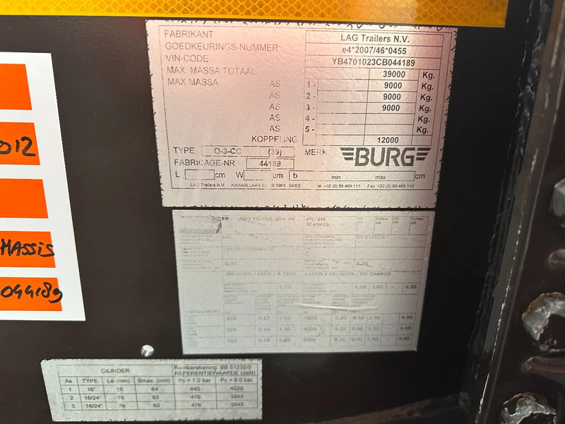 Puspiekabe noņemamā virsbūve/ Konteineru vedējs Burg 20FT ADR (EX/II, EX/III, FL, AT), Leeggewicht: 3.690kg, SAF INTRADISC, 2x liftaxle, ALCOA, NL-Chassis: foto 20