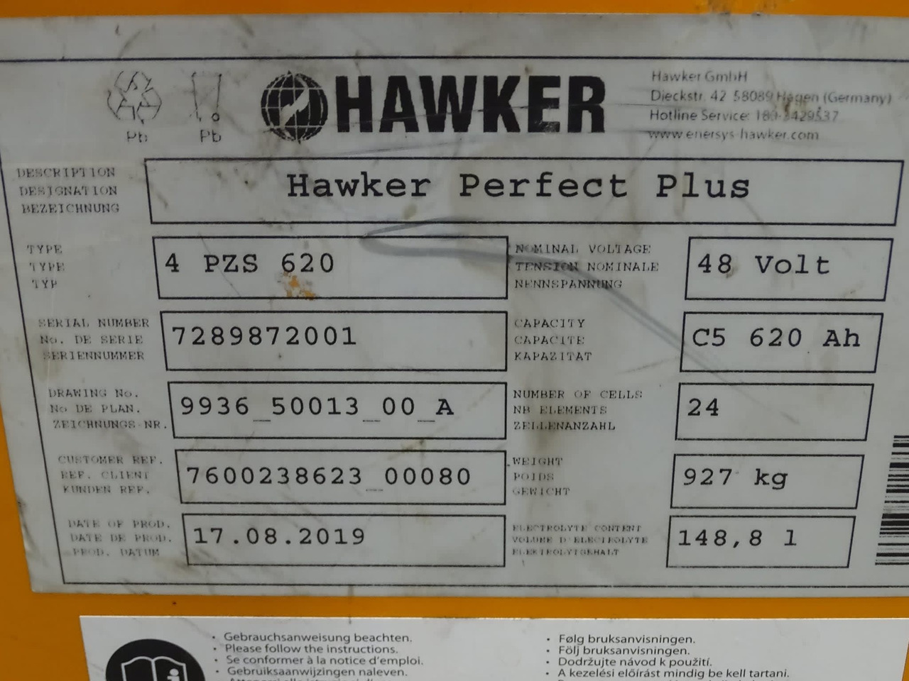 Hawker 48V 620Ah - Akumulators - Iekraušanas tehnika: foto 2 Hawker 48V 620Ah - Akumulators - Iekraušanas tehnika: foto 2