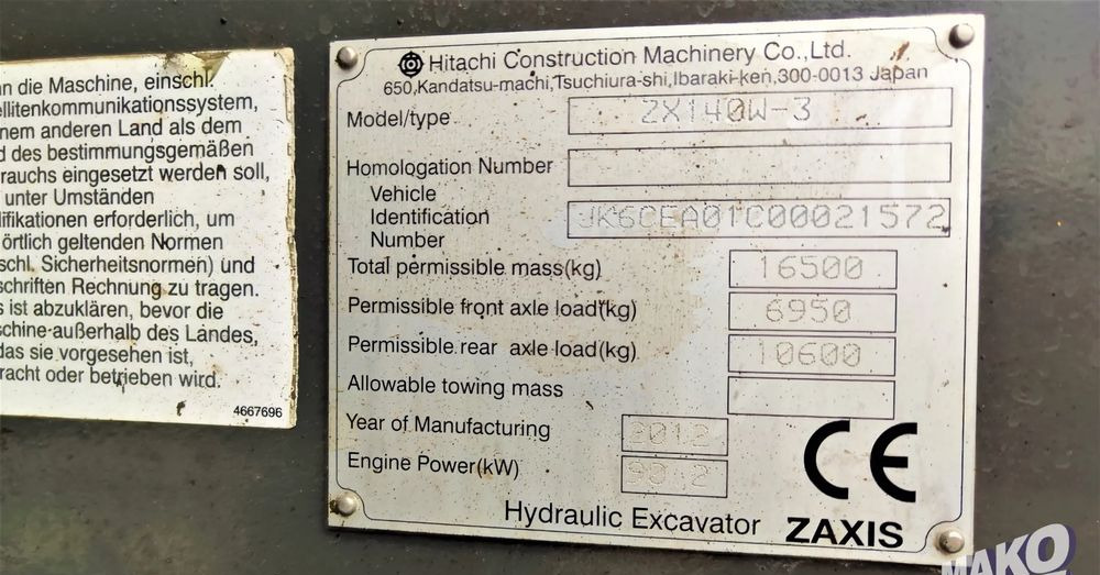 Riteņu ekskavators Hitachi ZX140W-3: foto 11