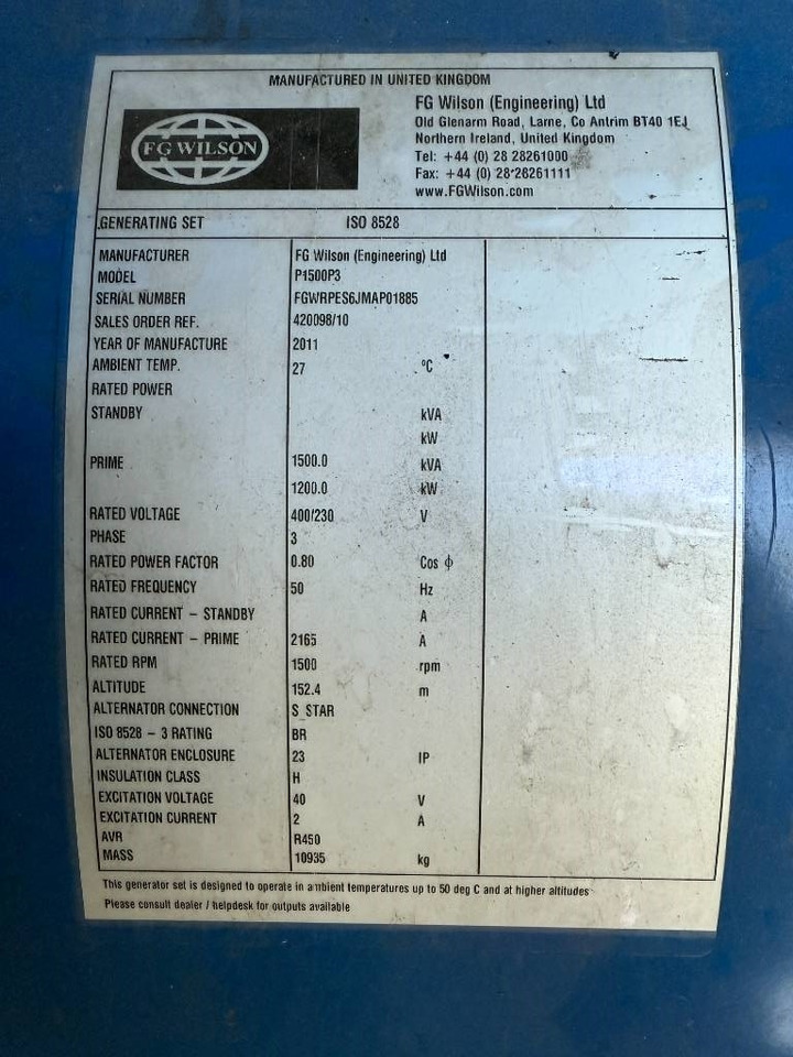 FG Wilson P1500P3 - 1.650 kVA Generator - DPX-12628 - Elektroģenerators: foto 5 FG Wilson P1500P3 - 1.650 kVA Generator - DPX-12628 - Elektroģenerators: foto 5