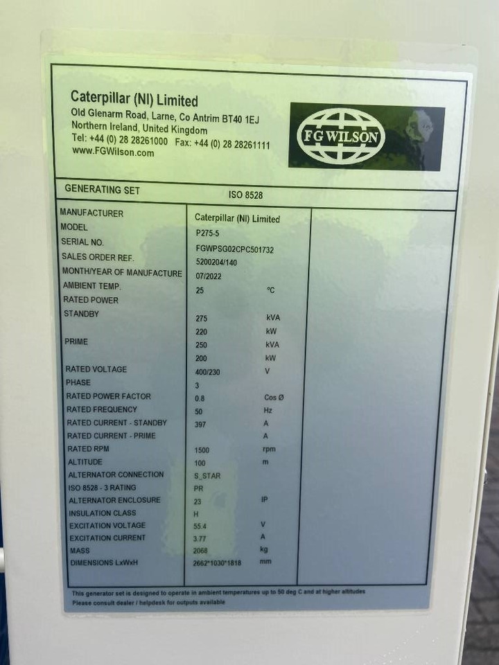 FG Wilson P275-5 - 275 kVA Open Genset - DPX-16014-O - Elektroģenerators: foto 4 FG Wilson P275-5 - 275 kVA Open Genset - DPX-16014-O - Elektroģenerators: foto 4