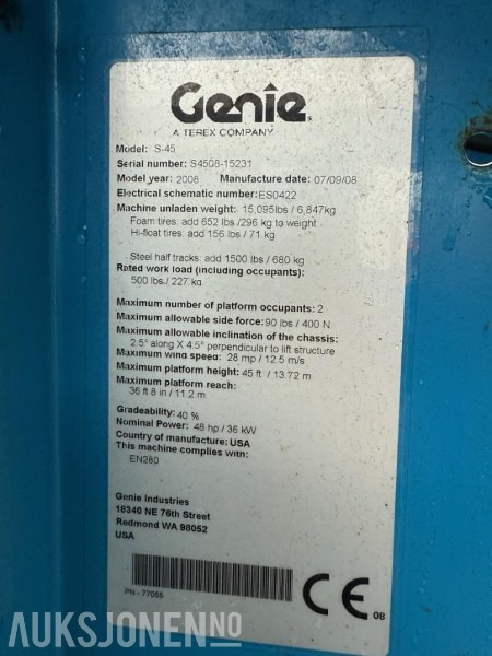 2008 Genie S-45 Teleskopisk bomlift - 4x4 - Pacēlājs: foto 4 2008 Genie S-45 Teleskopisk bomlift - 4x4 - Pacēlājs: foto 4