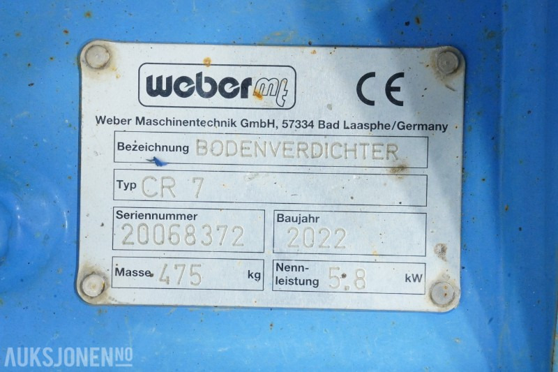 2022 Weber CR 7 vibroplate – Hatz diesel – 5,8 kW – 475 kg - Veltnis: foto 2 2022 Weber CR 7 vibroplate – Hatz diesel – 5,8 kW – 475 kg - Veltnis: foto 2
