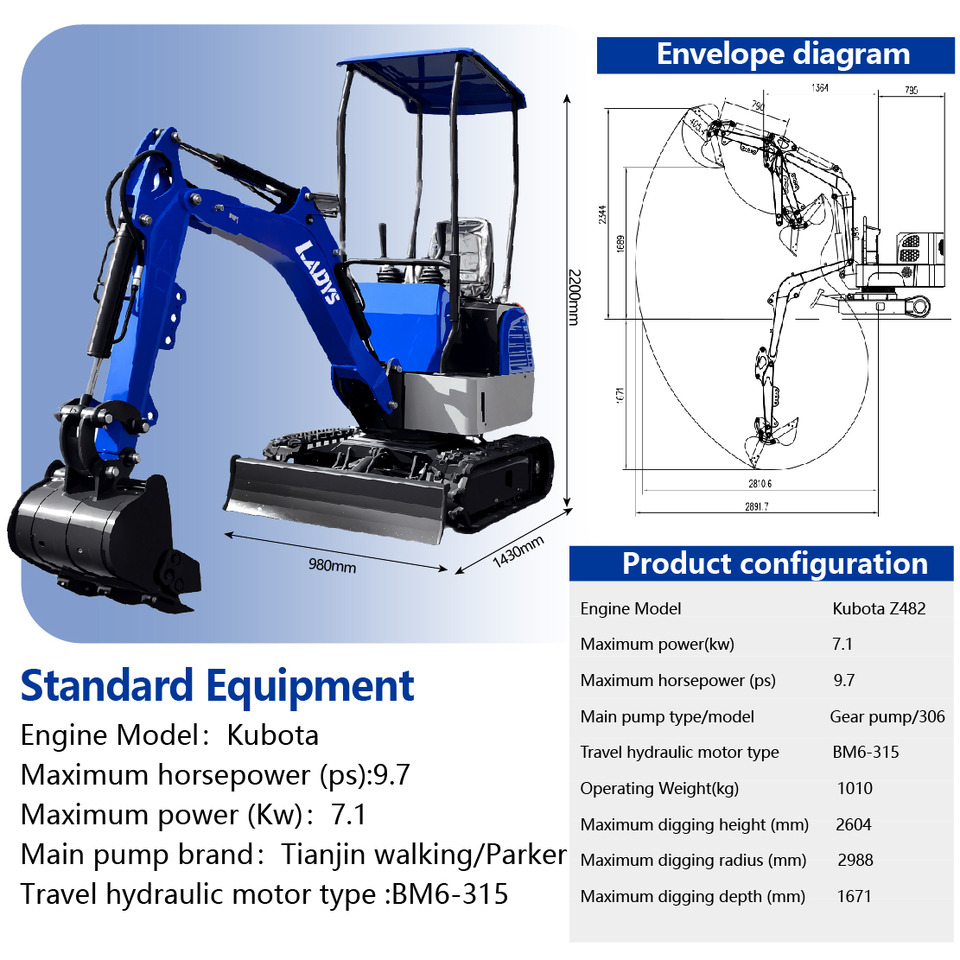 LADYS DY12Pro Mini Excavator Kubota Engine Euro 5/EPA/CE Mini Excavator Digger Miniexcavadora Mini Excavator For Sale - Kāpurķēžu ekskavators: foto 2 LADYS DY12Pro Mini Excavator Kubota Engine Euro 5/EPA/CE Mini Excavator Digger Miniexcavadora Mini Excavator For Sale - Kāpurķēžu ekskavators: foto 2