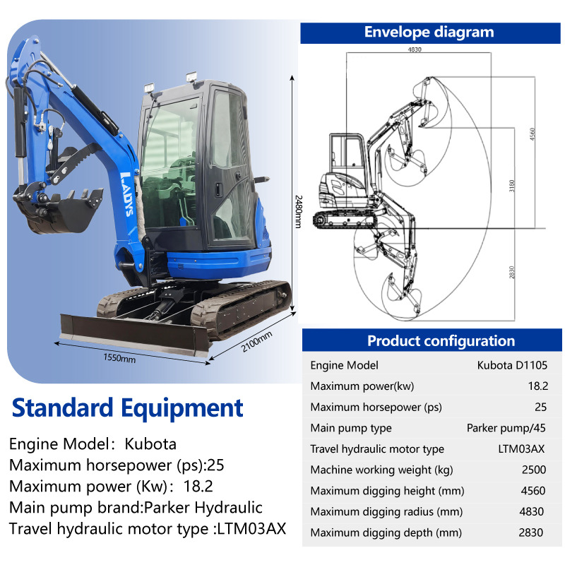LADYS DY25U Mini Excavator Digger Miniexcavadora EPA Kubota Engine Mini Excavator For Sale With Mini Excavator Attachment Set - Kāpurķēžu ekskavators: foto 2 LADYS DY25U Mini Excavator Digger Miniexcavadora EPA Kubota Engine Mini Excavator For Sale With Mini Excavator Attachment Set - Kāpurķēžu ekskavators: foto 2