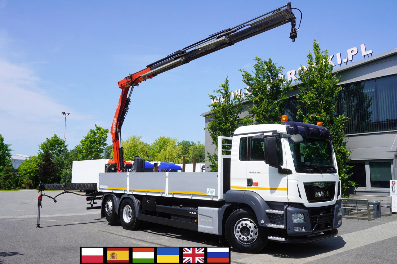 MAN TGS 26.360 Flatbed / Fassi F175 7.7 T / steered 3rd axle - Bortu kravas automašīna/ Platforma, Kravas auto ar manipulatoru: foto 1 MAN TGS 26.360 Flatbed / Fassi F175 7.7 T / steered 3rd axle - Bortu kravas automašīna/ Platforma, Kravas auto ar manipulatoru: foto 1