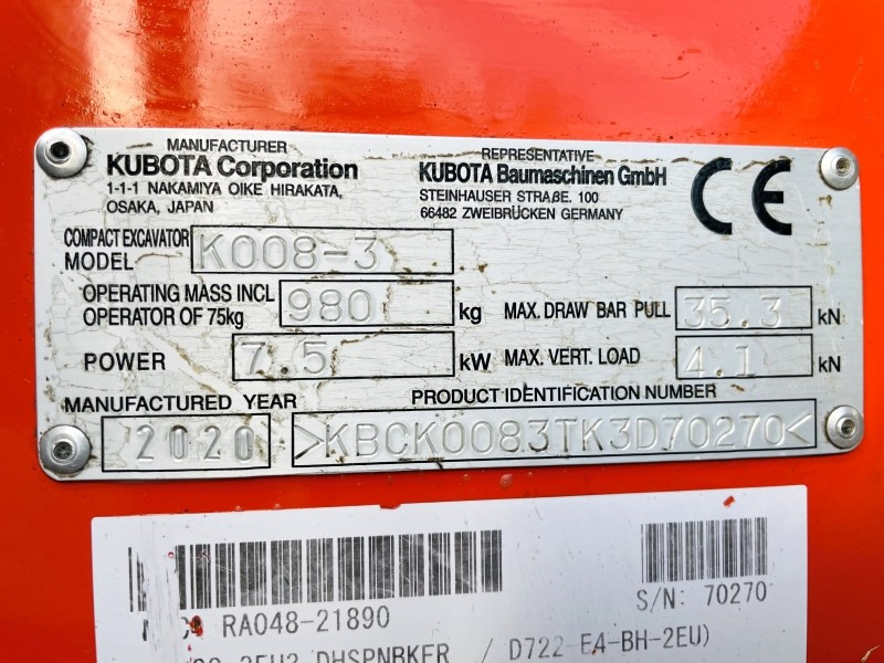 Kubota K008-3 (3727) - Mini-ekskavators: foto 3 Kubota K008-3 (3727) - Mini-ekskavators: foto 3