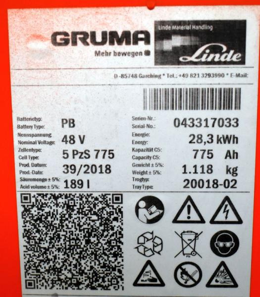 GRUMA 48 Volt 5 PzS 775 Ah - Akumulators - Iekraušanas tehnika: foto 5 GRUMA 48 Volt 5 PzS 775 Ah - Akumulators - Iekraušanas tehnika: foto 5