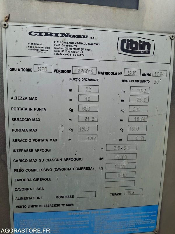GRUE A MONTAGE RAPIDE CIBIN S30 1994 AVEC CONTREPOIDS - Ātri uzstādāms torņa celtnis: foto 3 GRUE A MONTAGE RAPIDE CIBIN S30 1994 AVEC CONTREPOIDS - Ātri uzstādāms torņa celtnis: foto 3