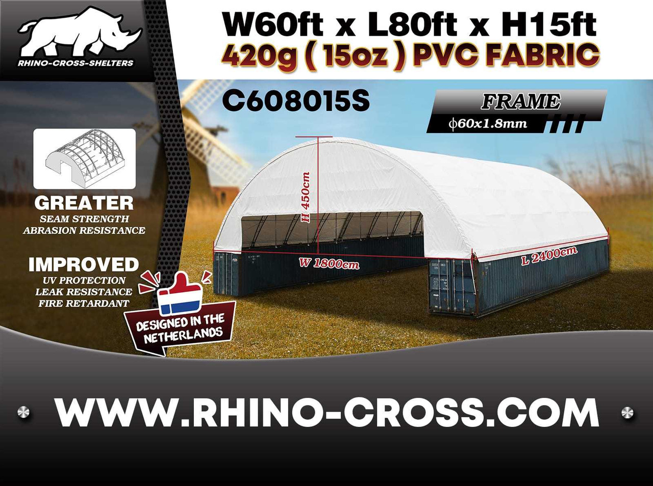 Rhino-Cross-Shelter C608015S 24x18x4,5 m halve cover op beide einden - Uzglabāšanas tvertne: foto 5 Rhino-Cross-Shelter C608015S 24x18x4,5 m halve cover op beide einden - Uzglabāšanas tvertne: foto 5