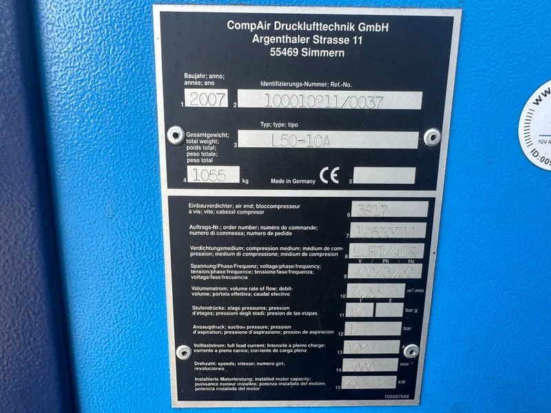 Compair L50 - 10A 45 kW 7.55 m3 / min 10 Bar Elektrische Schroefcompressor - Gaisa kompresors: foto 2 Compair L50 - 10A 45 kW 7.55 m3 / min 10 Bar Elektrische Schroefcompressor - Gaisa kompresors: foto 2