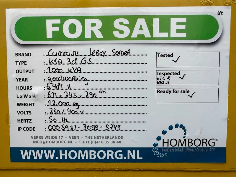 Elektroģenerators Cummins KTA 38 G5 Leroy Somer 1000 kVA Silent generatorset in container: foto 16