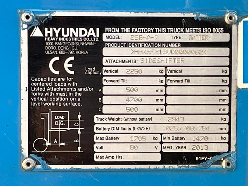 Hyundai 25BHA-7 2.5 ton Triplex Freelift Sideshift Elektra Heftruck - Elektroiekrāvējs: foto 3 Hyundai 25BHA-7 2.5 ton Triplex Freelift Sideshift Elektra Heftruck - Elektroiekrāvējs: foto 3