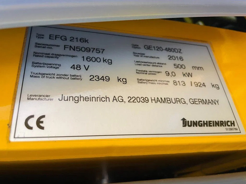 Autokrāvējs Jungheinrich EFG 216K 1.6 ton Triplex Freelift Sideshift Elektra Heftruck Accu 2020: foto 16