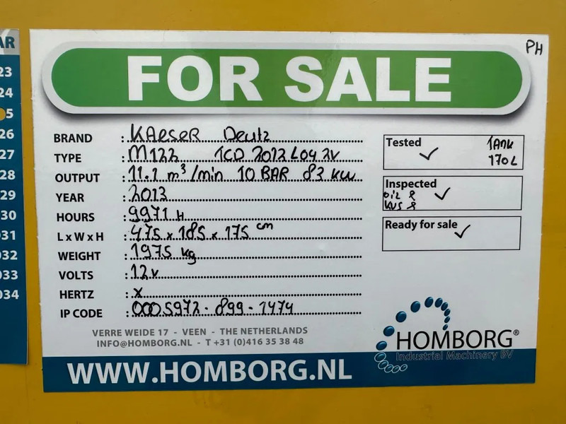Gaisa kompresors Kaeser M122 Deutz 11.1 m3 / min 10 Bar 83 kW Mobiele Diesel Compressor: foto 17