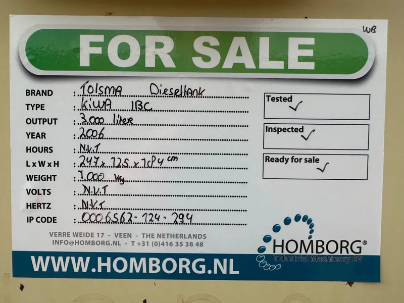 Uzglabāšanas tvertne Tolsma Kiwa IBC 3000 liter Dieseltank Milieutank: foto 13 Uzglabāšanas tvertne Tolsma Kiwa IBC 3000 liter Dieseltank Milieutank: foto 13