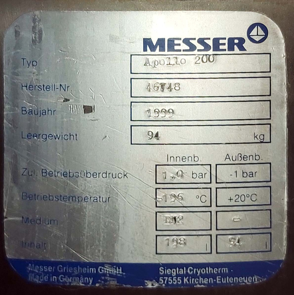 Messer Dewar vessel for liquid nitrogen cryogenic Cryotherm Apollo 200 liters - Uzglabāšanas tvertne: foto 3 Messer Dewar vessel for liquid nitrogen cryogenic Cryotherm Apollo 200 liters - Uzglabāšanas tvertne: foto 3